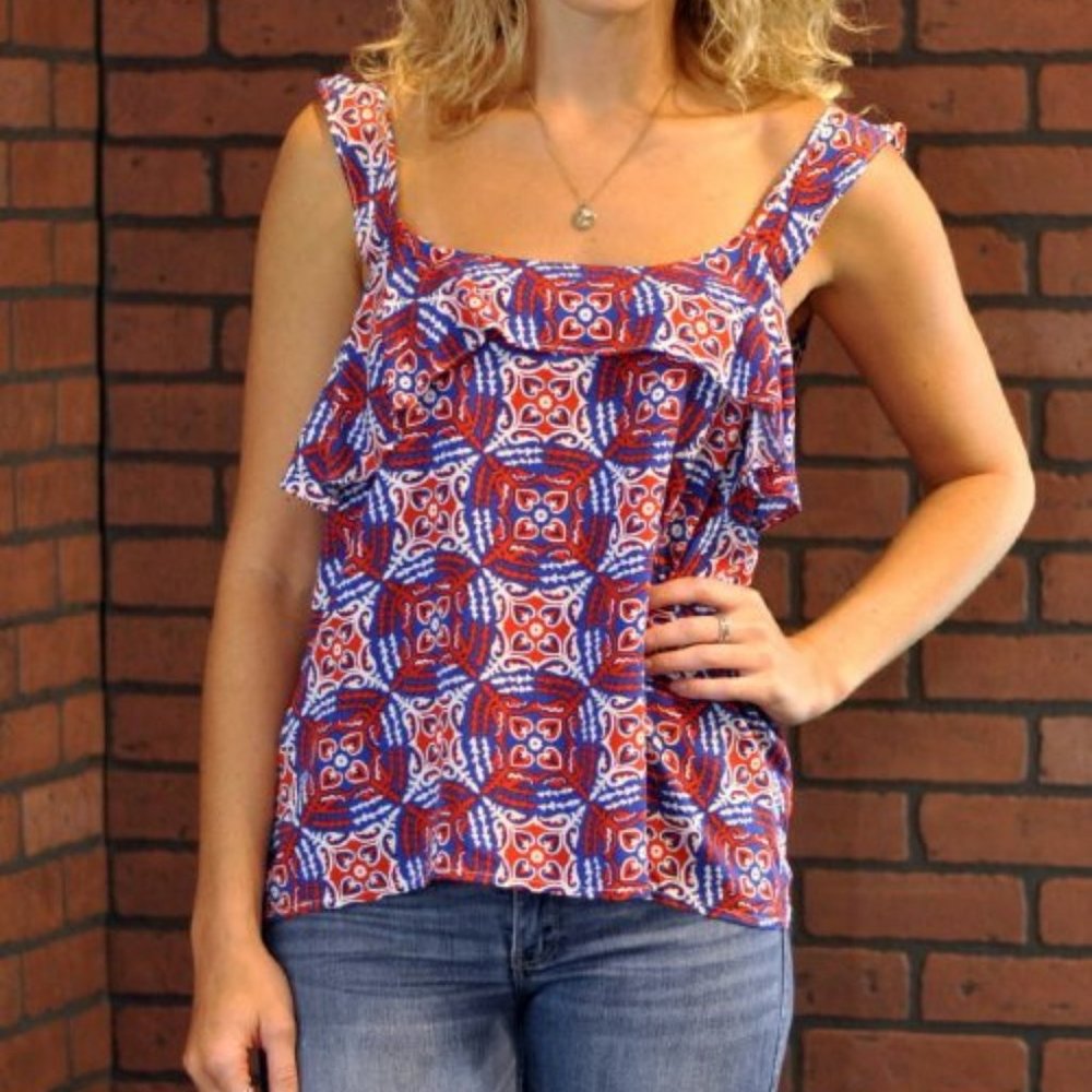 Candace Ruffle Tank - Orange/Blue